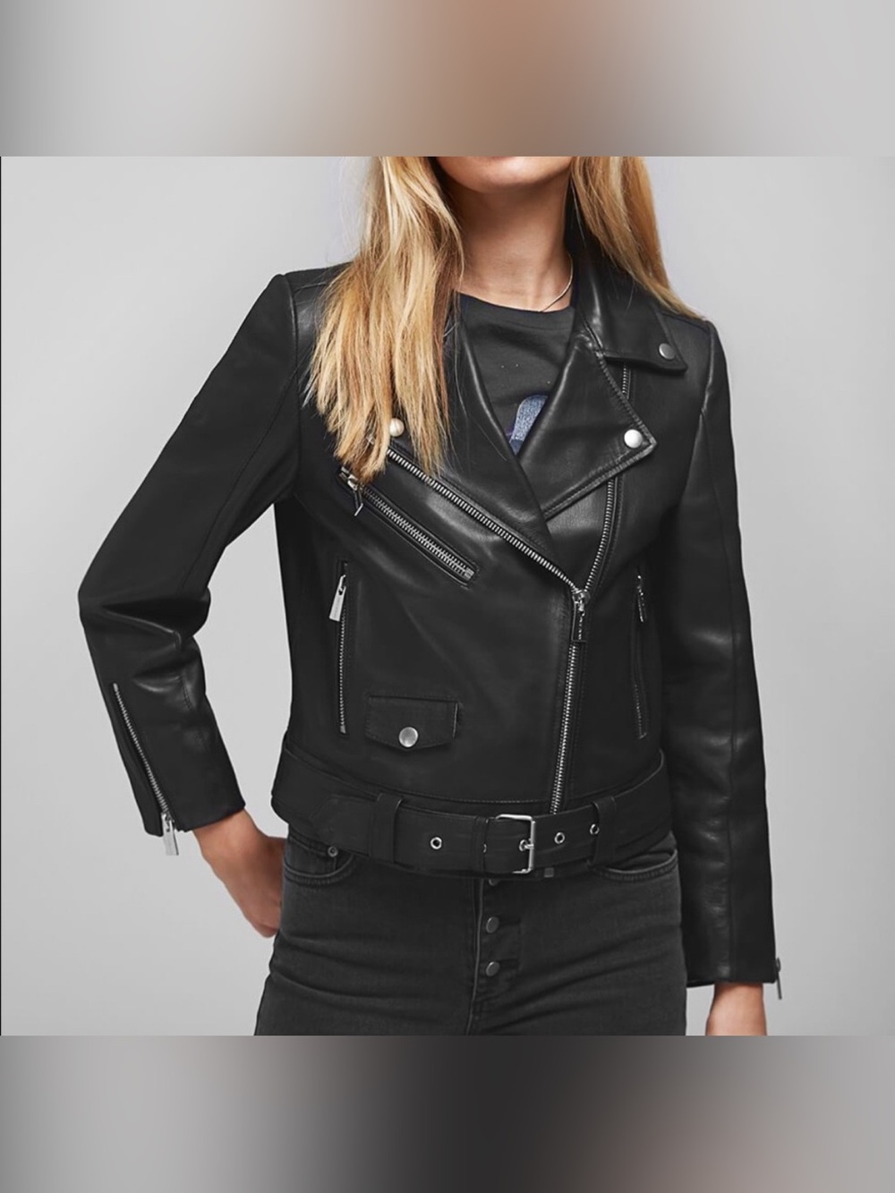 Aninie Bing Black Calf Leather Moto BeltedJacket Size XS
